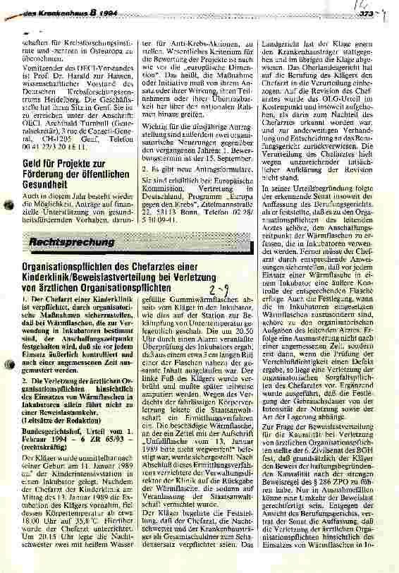 Vorschauseite 1: Organisationspflichten des Chefarztes einer Kinderklinik/Beweislastverteilung bei Verletzung von ärztlichen Organisationspflichten