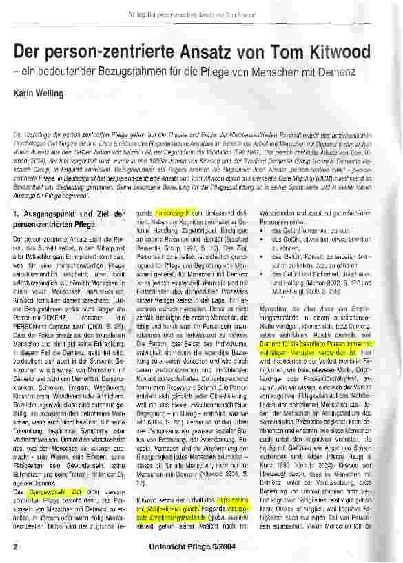 Vorschauseite 1: Der person-zentrierte Ansatz von Tom Kitwoodein bedeutender Bezugsrahmen für die Pflege von Menschen mit Demenz
