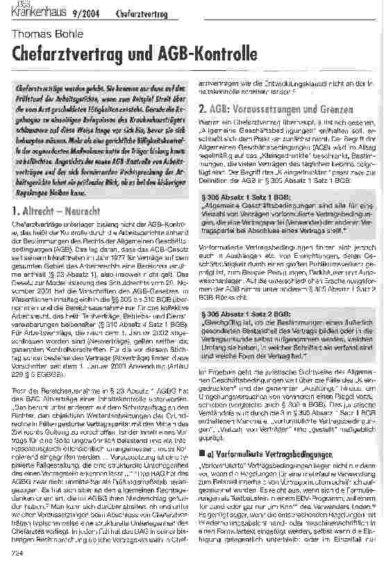 Vorschauseite 1: Chefarztvertrag und AGB-Kontrolle