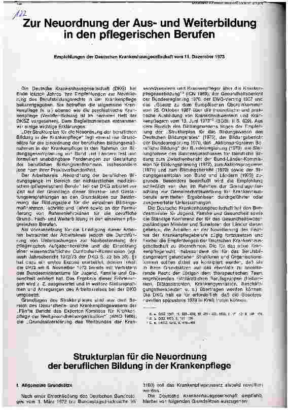Vorschauseite 1: Zur Neuordnung der Aus-u. Weiterbildung in den pflegerischen Berufen Empfehlung der Deutschen Krankenhausgesellschaft vom 11. Dez. 1973