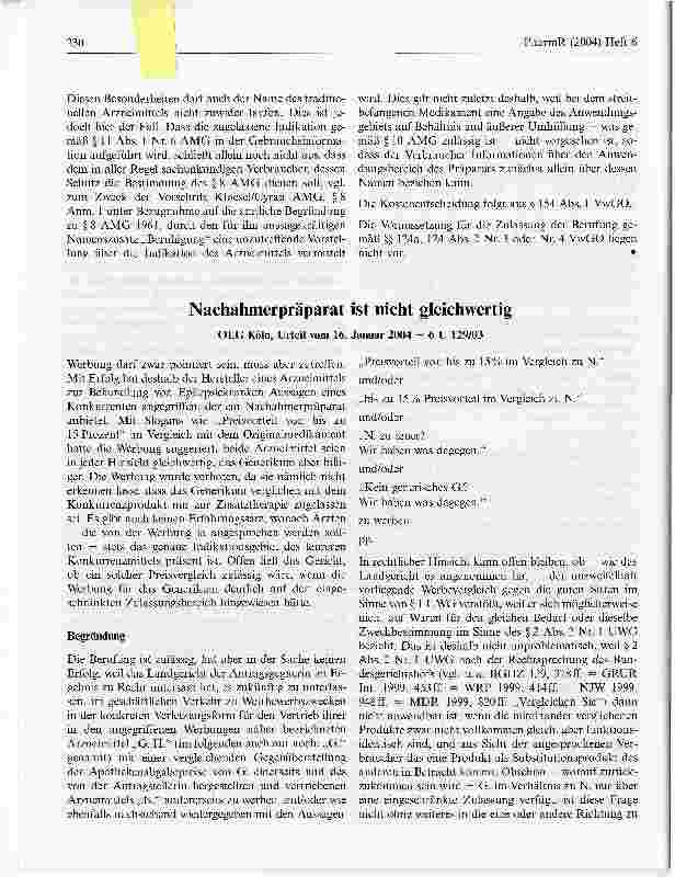 Vorschauseite 1: Nachahmerpräparat ist nicht gleichwertig OLG Köln, Urteil vom 16. Januar 2004 - 6 U 129/03
