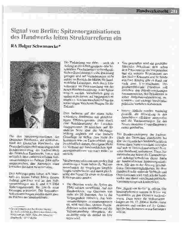 Vorschauseite 1: Signal von Berlin: Spitzenorganisationen des Handwerks leiten Strukturreform ein