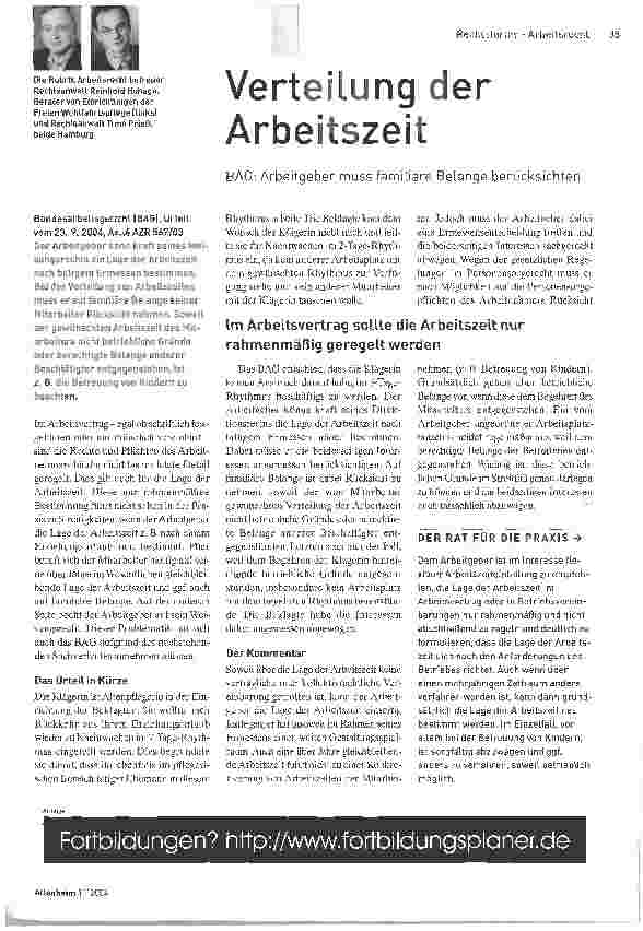 Vorschauseite 1: Verteilung der Arbeitszeit. BAG: Arbeitgeber muss familiäre Belange berücksichten