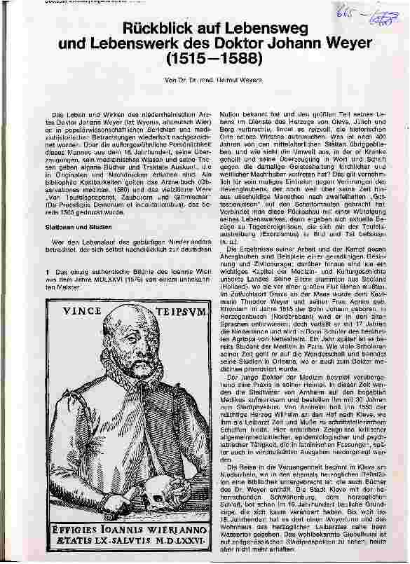 Vorschauseite 1: Rückblick auf den Lebensweg und Lebenswerk des Doktor Johann Weyer 1515-1588