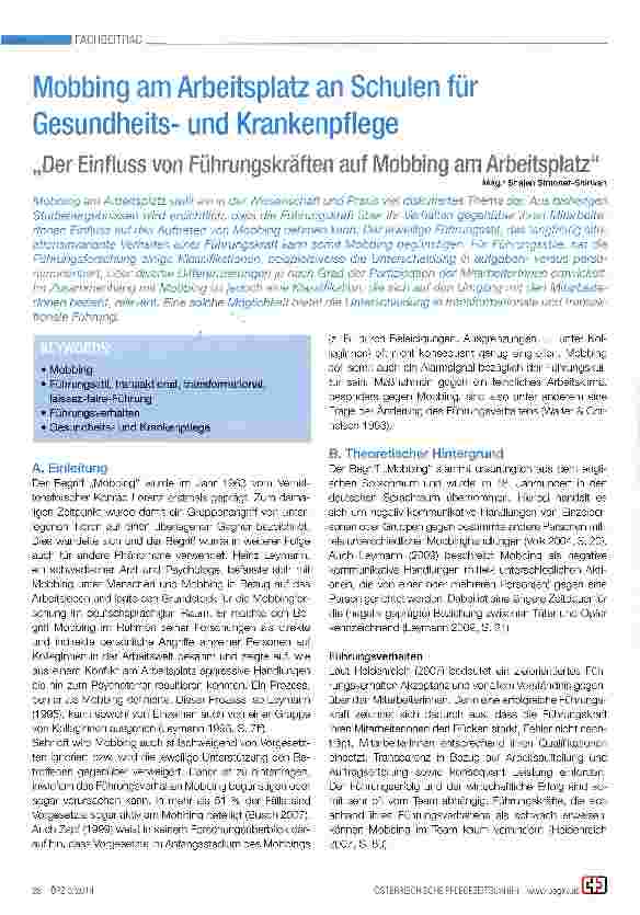 Vorschauseite 1: Mobbing am Arbeitsplatz an Schulen für Gesundheitsund Krankenpflege