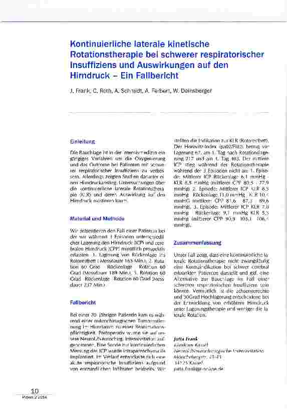 Vorschauseite 1: Kontinuierliche laterale kinetische Rotationstherapie bei schwerer respiratorischer Insuffiziens und Auswirkungen auf den Hirndruck - Ein Fallbericht