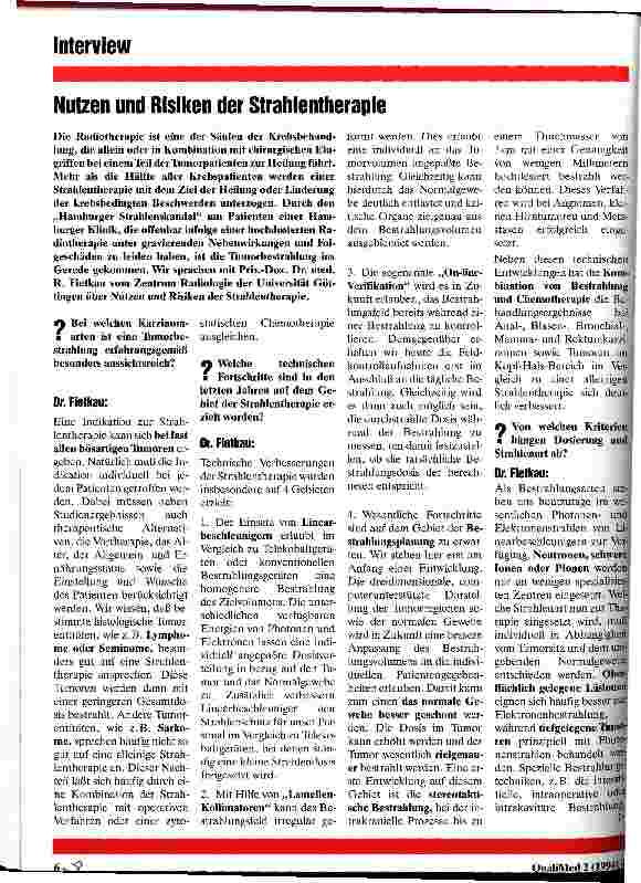 Vorschauseite 1: Nutzen und Risiken der Strahlentherapie Interview mit Dr. med. R. Fietkau