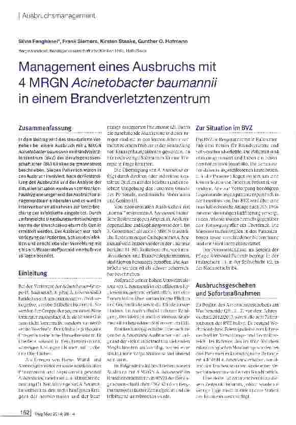 Vorschauseite 1: Management eines Ausbruchs mit 4 MRGN Acinetobacter baumannii in einem Brandverletztenzentrum
