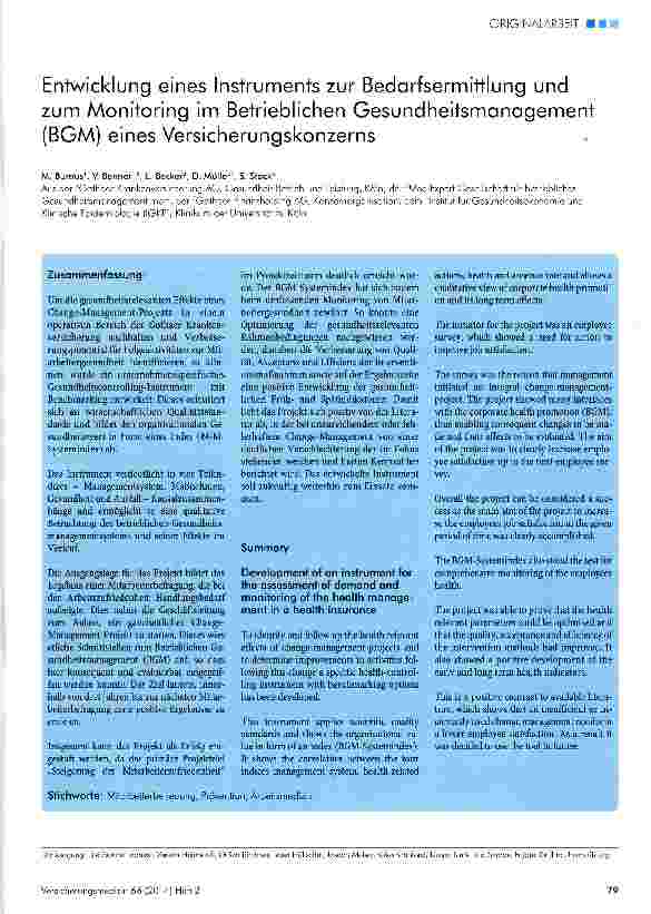 Vorschauseite 1: Entwicklung eines Instruments zur Bedarfsermittlung und zum Monitoring im Betrieblichen Gesundheitsmanagement (BGM) eines Versicherungskonzerns