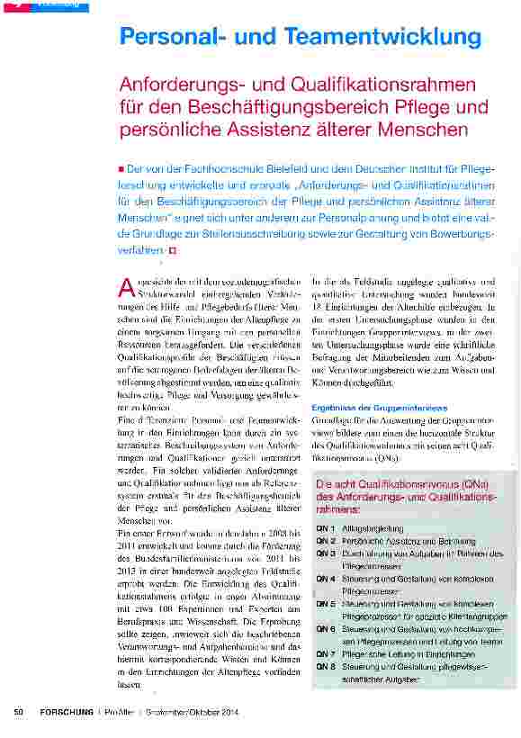 Vorschauseite 1: Anforderungsund Qualifikationsrahmen für den Beschäftigungsbereich Pflege und persönliche Assistenz älterer Menschen