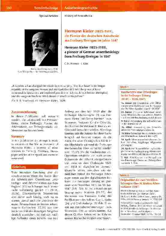 Vorschauseite 1: Hermann Kiefer (1825-1911), ein Pionier der deutschen Anästhesie aus Freiburg/Breisgau im Jahre 1847