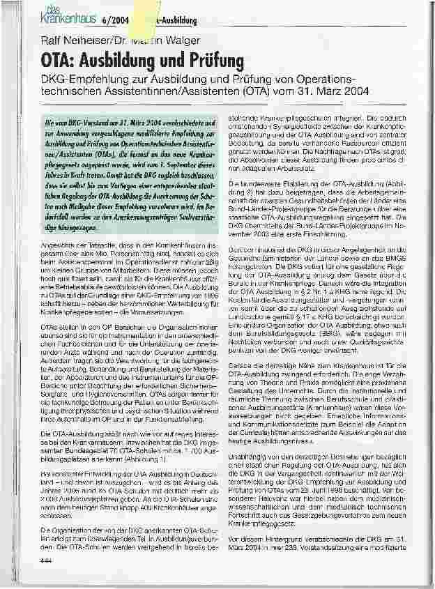 Vorschauseite 1: OTA: Ausbildung und PrüfungDKG-Empfehlung zur Ausbildung und Prüfung von Operationstechnischen Assistentinnen/Assistenten (OTA) vom 31. März 2004