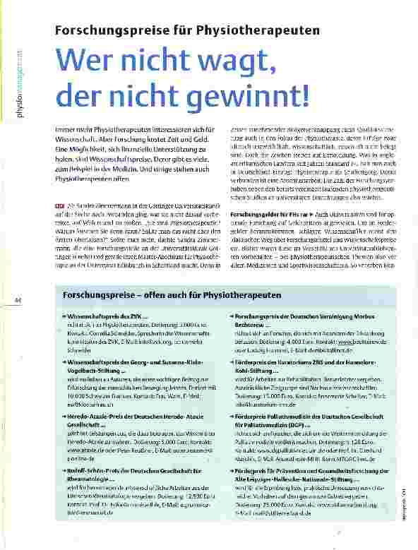 Vorschauseite 1: Forschungspreise für PhysiotherapeutenWer nicht wagt, der nicht gewinnt!