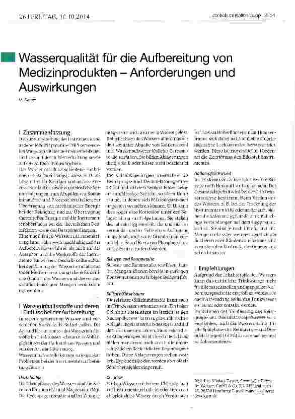 Vorschauseite 1: Wasserqualität für die Aufbereitung von Medizinprodukten -Anforderungen und Auswirkungen