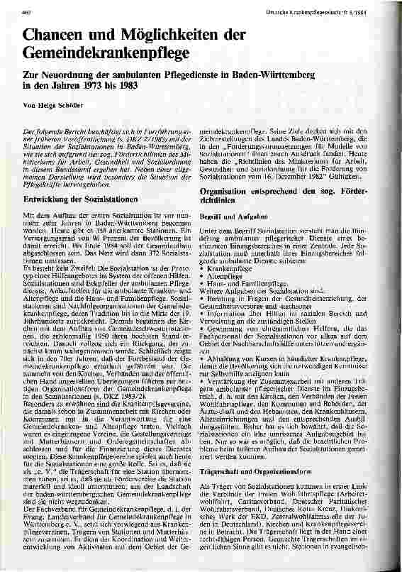 Vorschauseite 1: Chancen und Möglichkeiten der Gemeindekrankenpflege Neuordnung der Gemeindekrankenpflege in Baden-Würtemberg von 1973-83