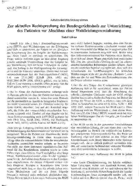 Vorschauseite 1: Zur aktuellen Rechtsprechung des Bundesgerichtshofs zur Unterrichtung des Patienten vor Abschluss einer Wahlleistungsvereinbarung