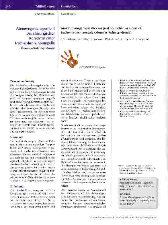 Vorschauseite 1: Atemwegsmanagement bei chirurgischer Korrektur einer Tracheobronchomegalie