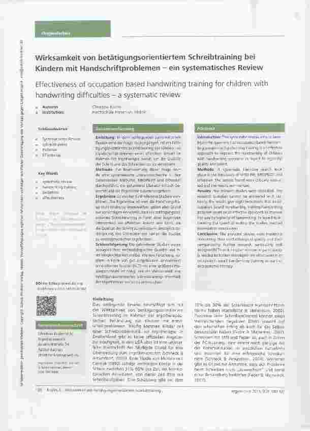 Vorschauseite 1: Wirksamkeit von betätigungsorientiertem Schreibtraining bei Kindern mit Handschriftproblemen ein systematisches Review