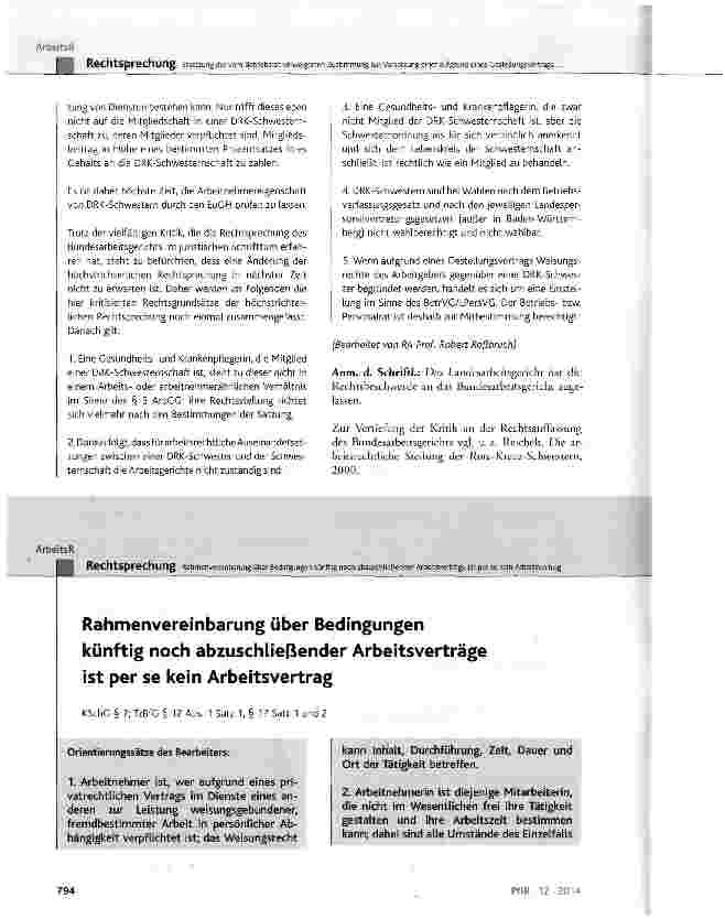 Vorschauseite 1: Rahmenvereinbarung über Bedingungen künftig noch abzuschließender Arbeitsverträge ist per se kein Arbeitsvertrag KSchG § 7; TzBfG § 12 Abs. 1 Satz 1, § 17 Satz 1 und 2