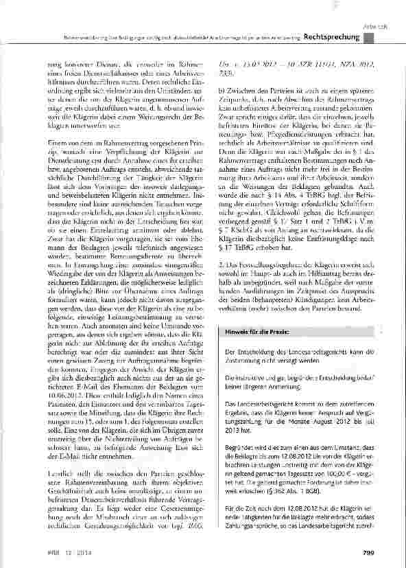Vorschauseite 6: Rahmenvereinbarung über Bedingungen künftig noch abzuschließender Arbeitsverträge ist per se kein Arbeitsvertrag KSchG § 7; TzBfG § 12 Abs. 1 Satz 1, § 17 Satz 1 und 2