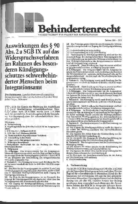 Vorschauseite 1: Auswirkungen des § 90 Abs. 2 a SGBIX auf das Widerspruchsverfahren im Rahmen des besonderen Kündigungsschutzes schwerbehinderter Menschen beim Integrationsamt