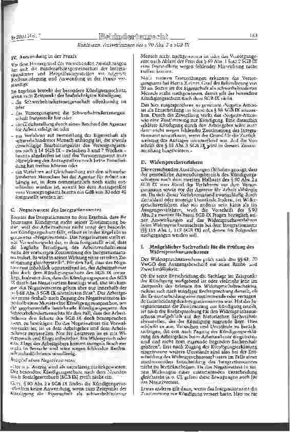 Vorschauseite 3: Auswirkungen des § 90 Abs. 2 a SGBIX auf das Widerspruchsverfahren im Rahmen des besonderen Kündigungsschutzes schwerbehinderter Menschen beim Integrationsamt