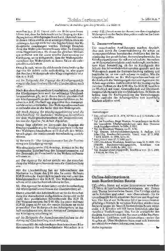 Vorschauseite 6: Auswirkungen des § 90 Abs. 2 a SGBIX auf das Widerspruchsverfahren im Rahmen des besonderen Kündigungsschutzes schwerbehinderter Menschen beim Integrationsamt