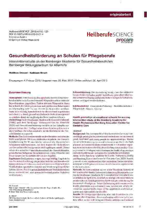 Vorschauseite 1: Gesundheitsförderung an Schulen für Pflegeberufe