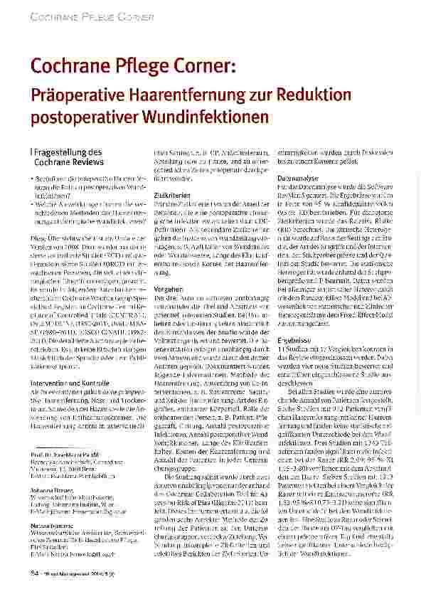 Vorschauseite 1: Cochrane Pflege Corner: Präoperative Haarentfernung zur Reduktion postoperativer Wundinfektionen