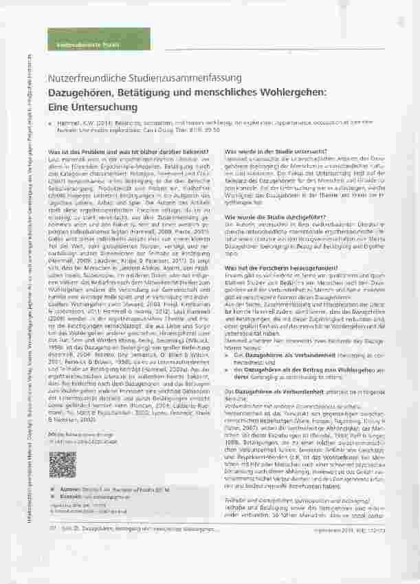 Vorschauseite 1: Nutzerfreundliche Studienzusammenfassung Dazugehören, Betätigung und menschliches Wohlergehen: Eine Untersuchung