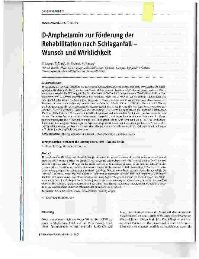 Vorschauseite 1: D-Amphetamin zur Förderung der Rehabilitation nach Schlaganfall - Wunsch und Wirklichkeit