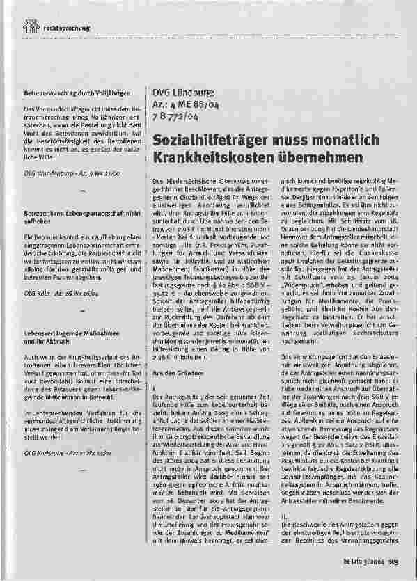 Vorschauseite 1: Sozialhilfeträger muss monatlich Krankheitskosten übernehmen