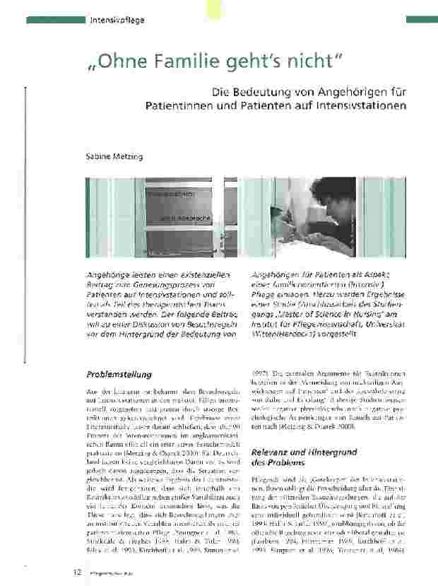 Vorschauseite 1: Ohne Familie gehts nichtDie Bedeutung von Angehörigen für Patientinnen und Patienten auf Intensivstationen
