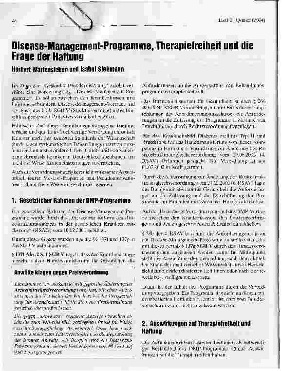 Vorschauseite 1: Disease-Management-Programme, Therapiefreiheit und die Frage der Haftung