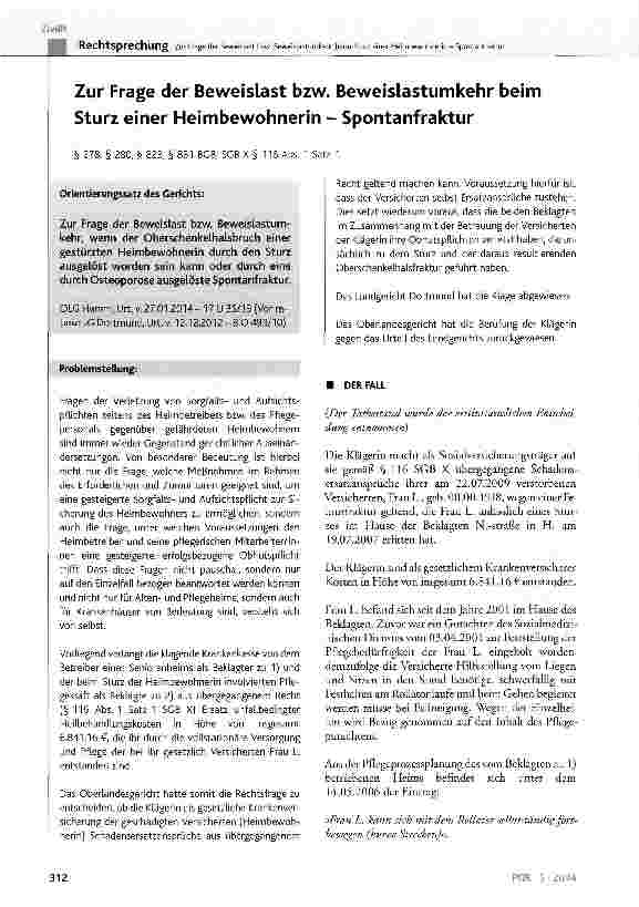 Vorschauseite 1: Zur Frage der Beweislast bzw. Beweislastumkehr beim Sturz einer Heimbewohnerin - Spontanfraktur § 278, § 280, § 823, § 831 BGB; SGB X § 116 Abs. 1 Satz 1