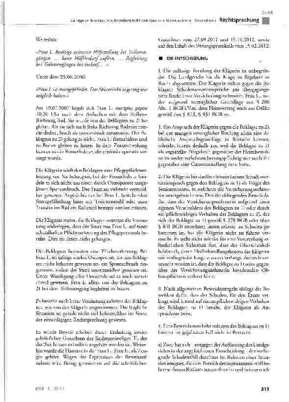 Vorschauseite 2: Zur Frage der Beweislast bzw. Beweislastumkehr beim Sturz einer Heimbewohnerin - Spontanfraktur § 278, § 280, § 823, § 831 BGB; SGB X § 116 Abs. 1 Satz 1