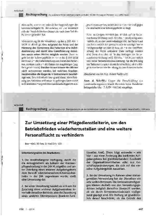 Vorschauseite 1: Zur Umsetzung einer Pflegedienstleiterin, um den Betriebsfrieden wiederherzustellen und eine weitere Personalflucht zu verhindern BeamtStG 35 Satz 2; VwGO § 123