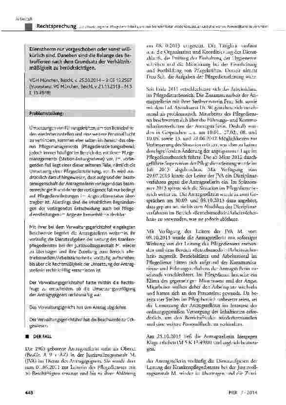 Vorschauseite 2: Zur Umsetzung einer Pflegedienstleiterin, um den Betriebsfrieden wiederherzustellen und eine weitere Personalflucht zu verhindern BeamtStG 35 Satz 2; VwGO § 123