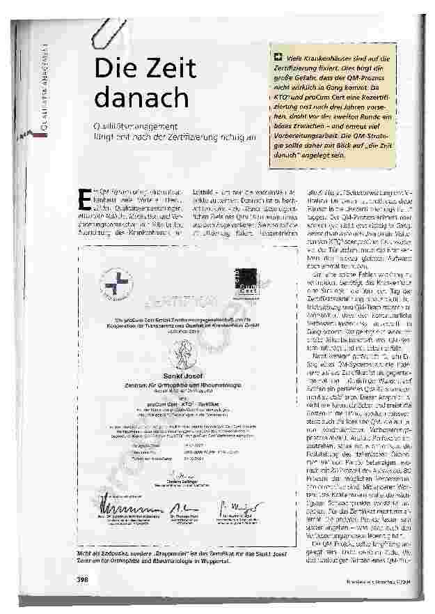 Vorschauseite 1: Die Zeit danach. Qualitätsmanagement fängt erst nach der Zertifizierung richtig an