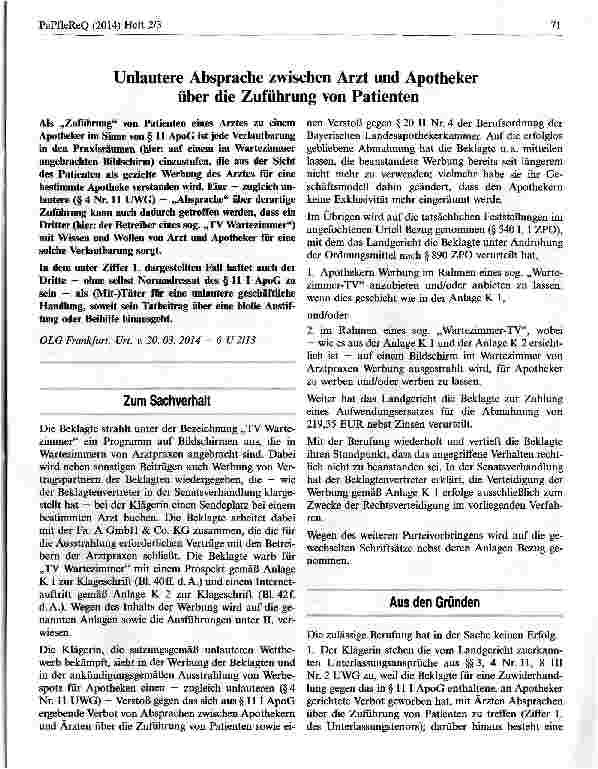Vorschauseite 1: Unlautere Absprache zwischen Arzt und Apotheker über die Zuführung von Patienten