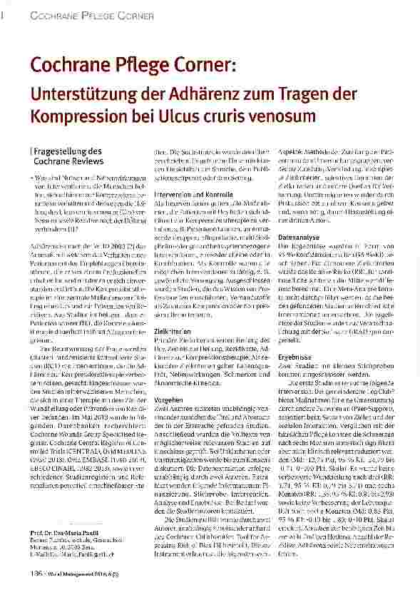 Vorschauseite 1: Cochrane Pflege Corner: Unterstützung der Adhärenz zum Tragen der Kompression bei Ulcus cruris venosum