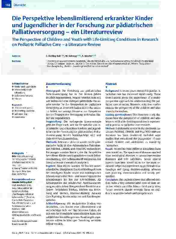 Vorschauseite 1: Die Perspektive lebenslimitierend erkrankter Kinder und Jugendlicher in der Forschung zur pädiatrischen Palliativversorgung - ein Literaturreview