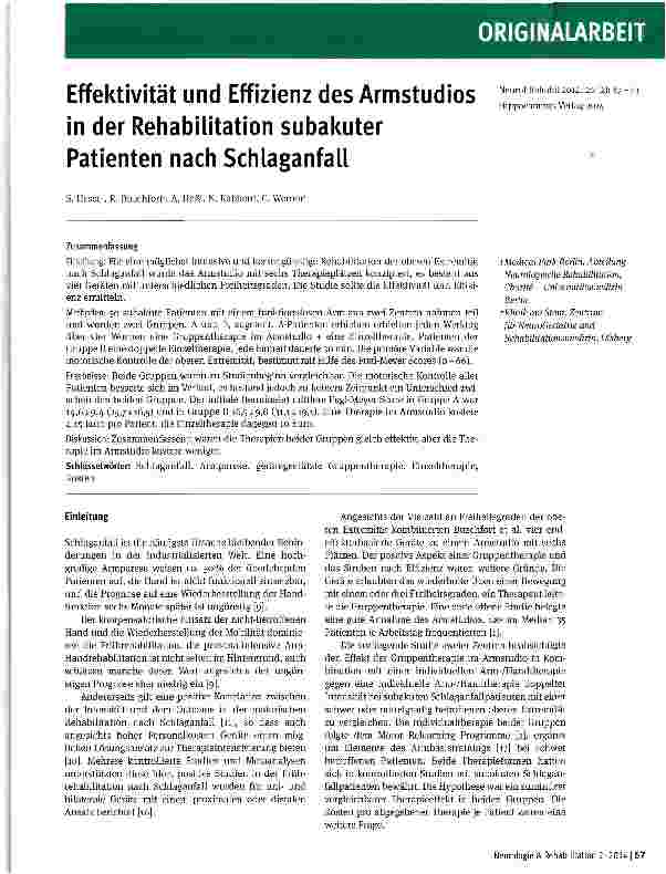 Vorschauseite 1: Effektivität und Effizienz des Armstudios in der Rehabilitation subakuter Patienten nach Schlaganfall