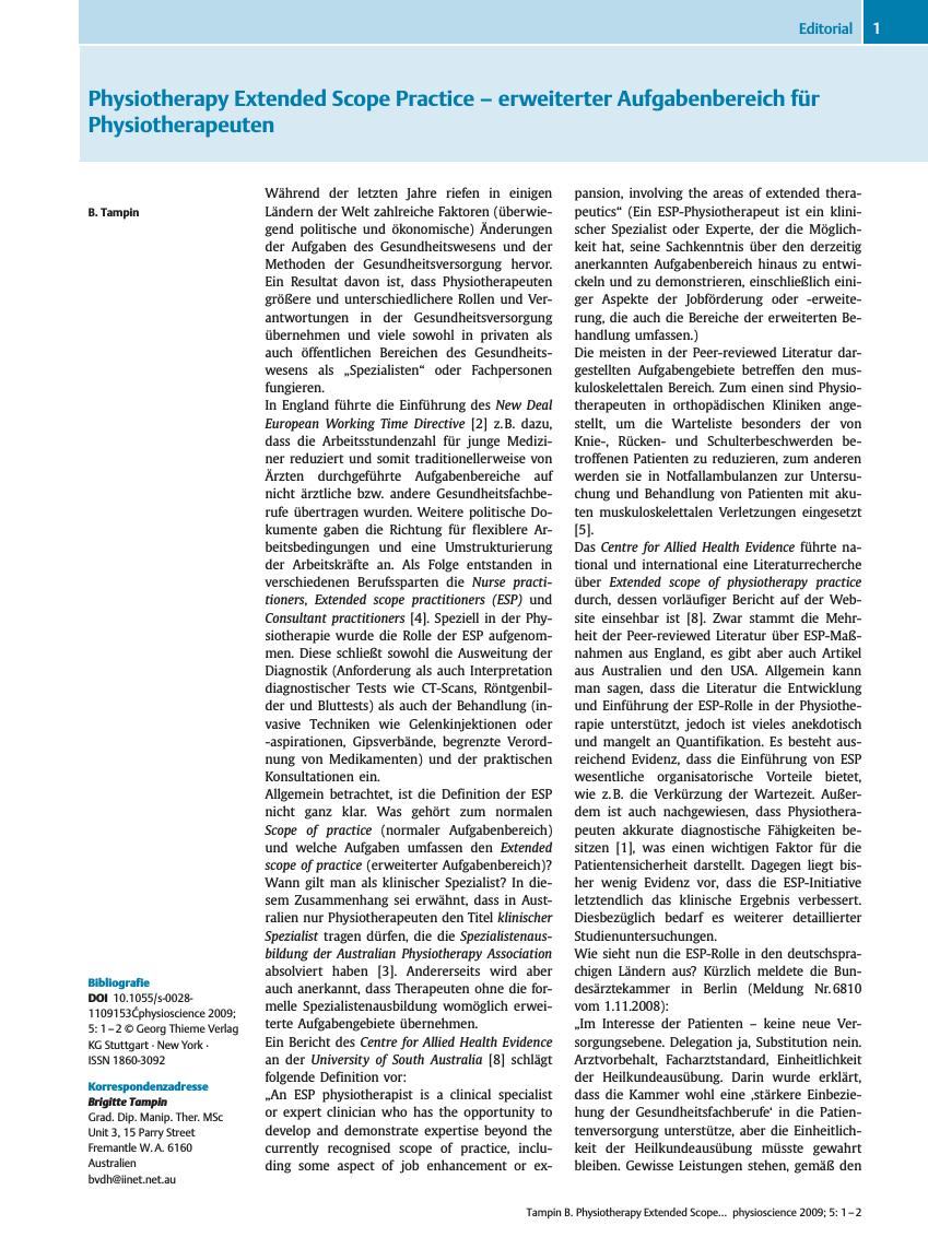 Vorschauseite 1: Physiotherapy Extended Scope Practice – erweiterter Aufgabenbereich für Physiotherapeuten