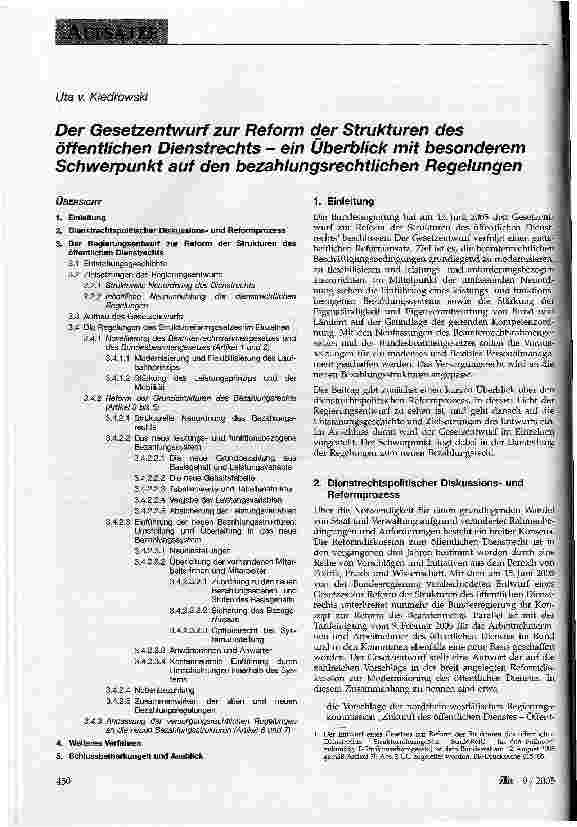 Vorschauseite 1: Der Gesetzentwurf zur Reform der Strukturen des öffentlichen Dienstrechts - ein Überblick mit besonderem Schwerpunkt auf den bezahlungsrechtlichen Regelungen