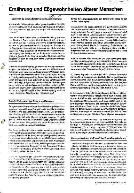 Vorschauseite 1: Ernährung und Eßgewohnheiten älterer Menschen