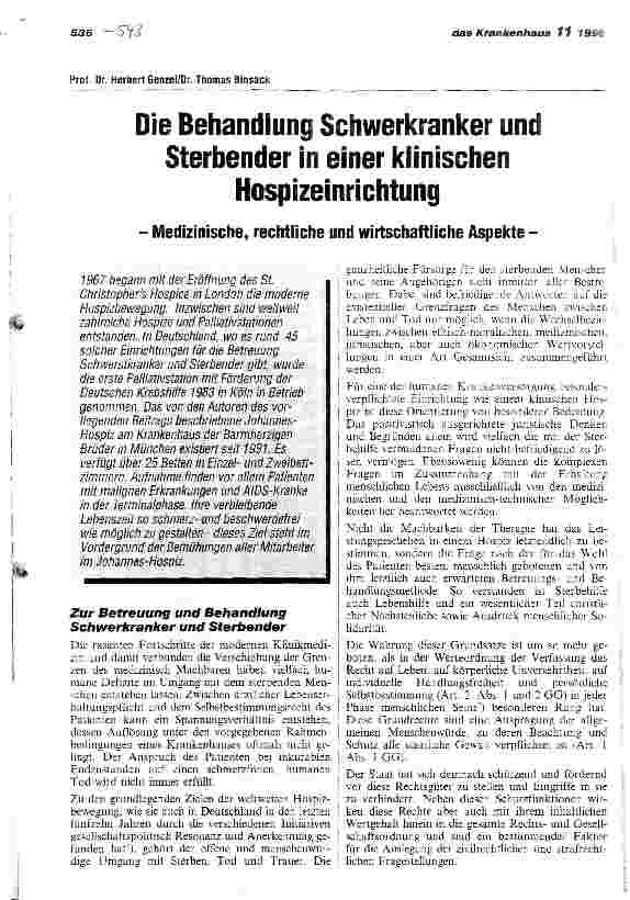 Vorschauseite 1: Die Behandlungs Schwerkranker und Sterbender in einer klinischen Hospizeinrichtung Medizinische, rechtliche und wirtschaftliche Aspekte
