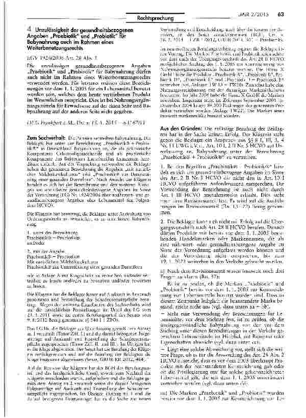 Vorschauseite 1: Unzulässigkeit der gesundheitsbezogenen Angaben „Praebiotik und „Probiotik für Babynahrung auch im Rahmen eines Weiterbenutzungsrechts EGV 1924/2006 Art. 28 Abs. 2
