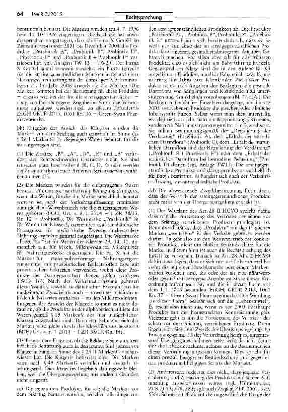 Vorschauseite 2: Unzulässigkeit der gesundheitsbezogenen Angaben „Praebiotik und „Probiotik für Babynahrung auch im Rahmen eines Weiterbenutzungsrechts EGV 1924/2006 Art. 28 Abs. 2
