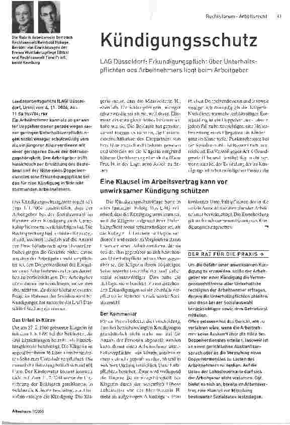 Vorschauseite 1: KündigungsschutzLAG Düsseldorf: Erkundigungspflicht über Unterhaltspflichten des Arbeitnehmers liegt beim Arbeitgeber